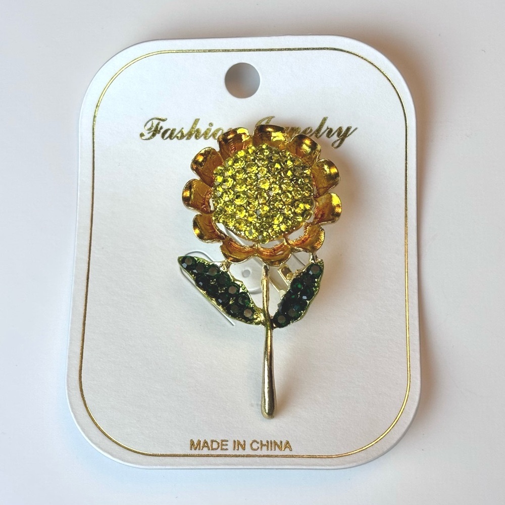 Yellow and green rhinestone sunflower brooch, NIP